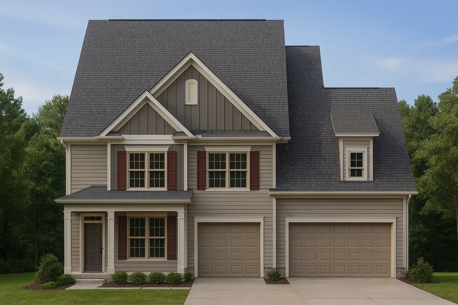 Front elevation of New American style home with traditional colonial influence, featuring horizontal siding, board and batten gables, and a three-car garage