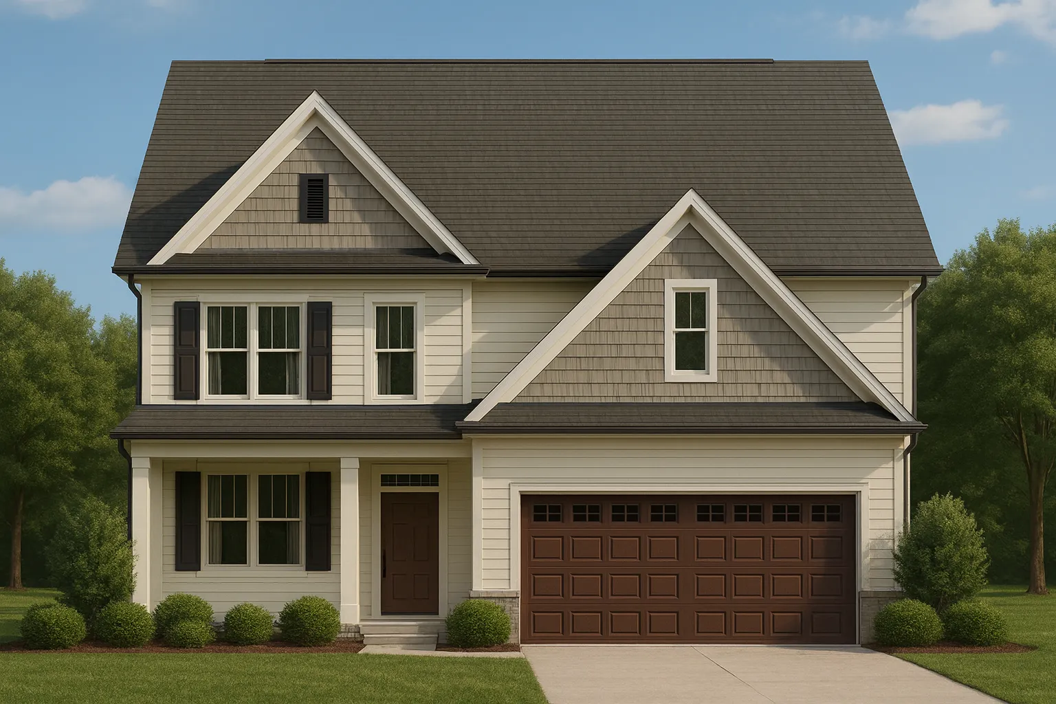House Plans with Basement 6 Front elevation of New American style home with traditional colonial symmetry, horizontal siding, shingle gables, and attached two-car garage