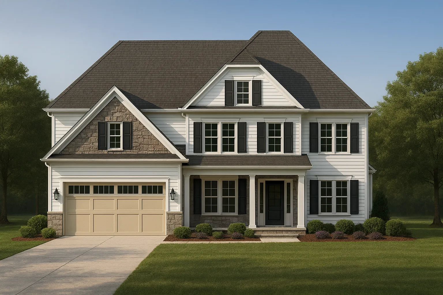 Front elevation of a Traditional Colonial style home featuring horizontal siding, shingle accents, symmetrical windows, and a covered entry porch
