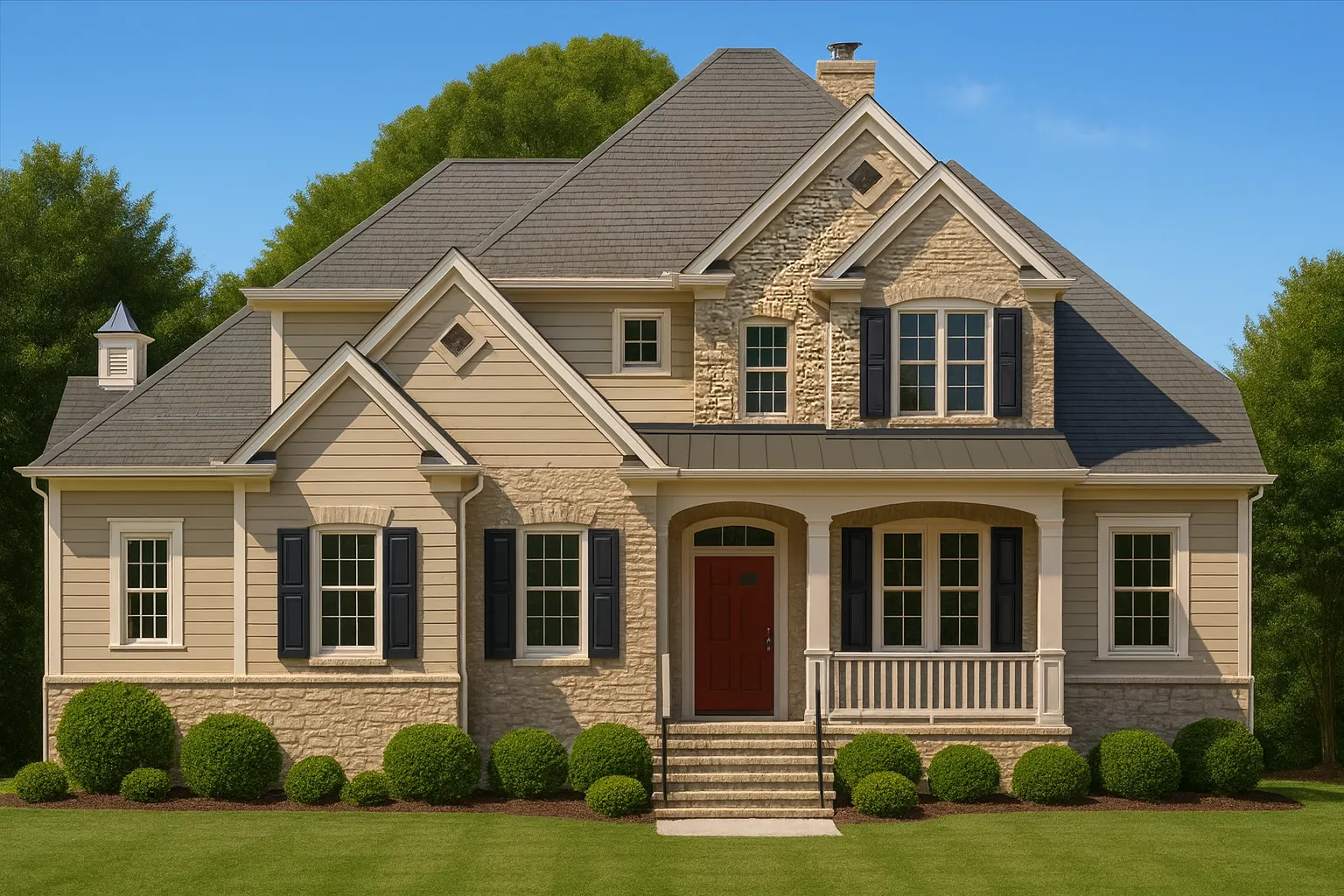 Front elevation of a Traditional Colonial style home featuring brick exterior, lap siding, shuttered windows, and a centered covered front porch