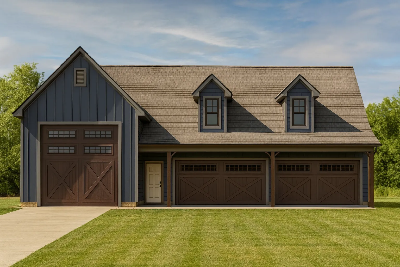 Front view of a Modern Farmhouse style garage featuring board and batten exterior, three carriage-style garage doors, and clean architectural dormers