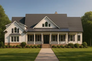 Front view of a Modern Farmhouse and Southern Farmhouse style home featuring board and batten siding, horizontal lap siding, and brick foundation accents