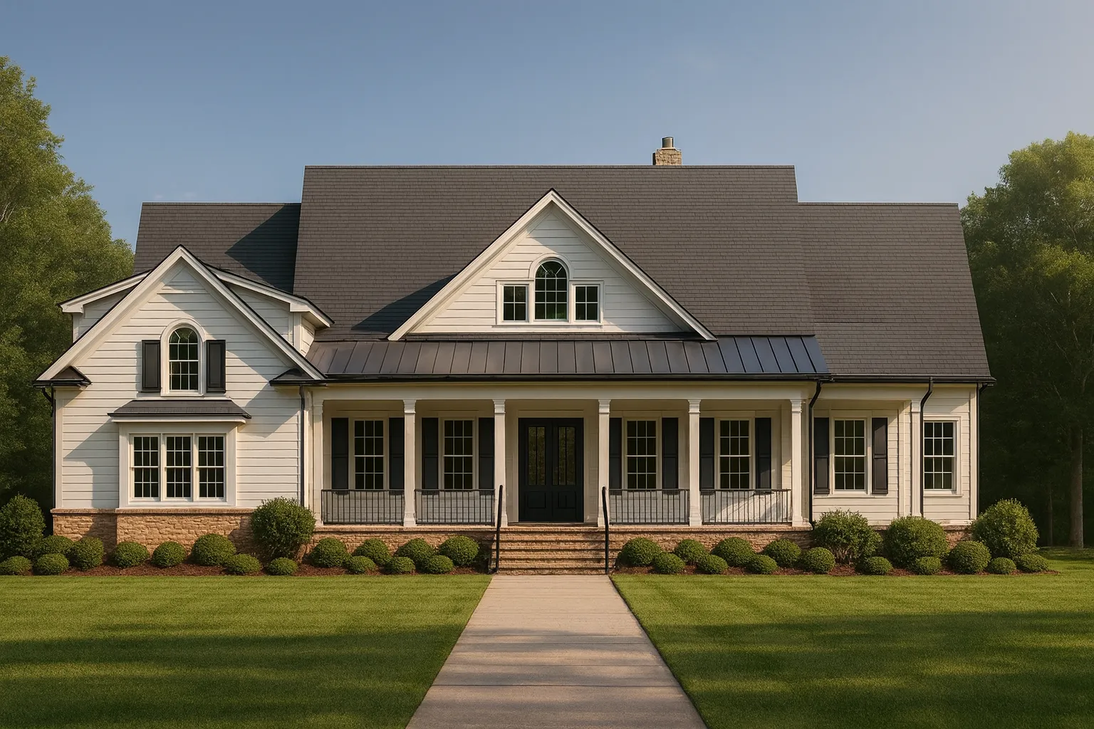 Front view of a Modern Farmhouse and Southern Farmhouse style home featuring board and batten siding, horizontal lap siding, and brick foundation accents