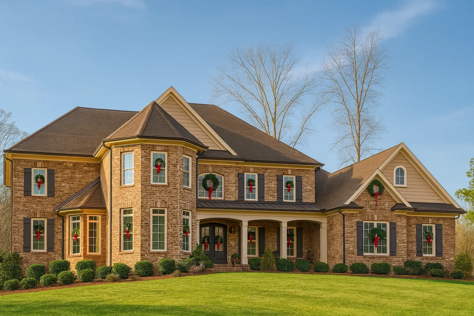 Bed and Bath Features 5 Front elevation of a Traditional Colonial style home with full brick exterior, symmetrical design, tall windows, and covered entry porch