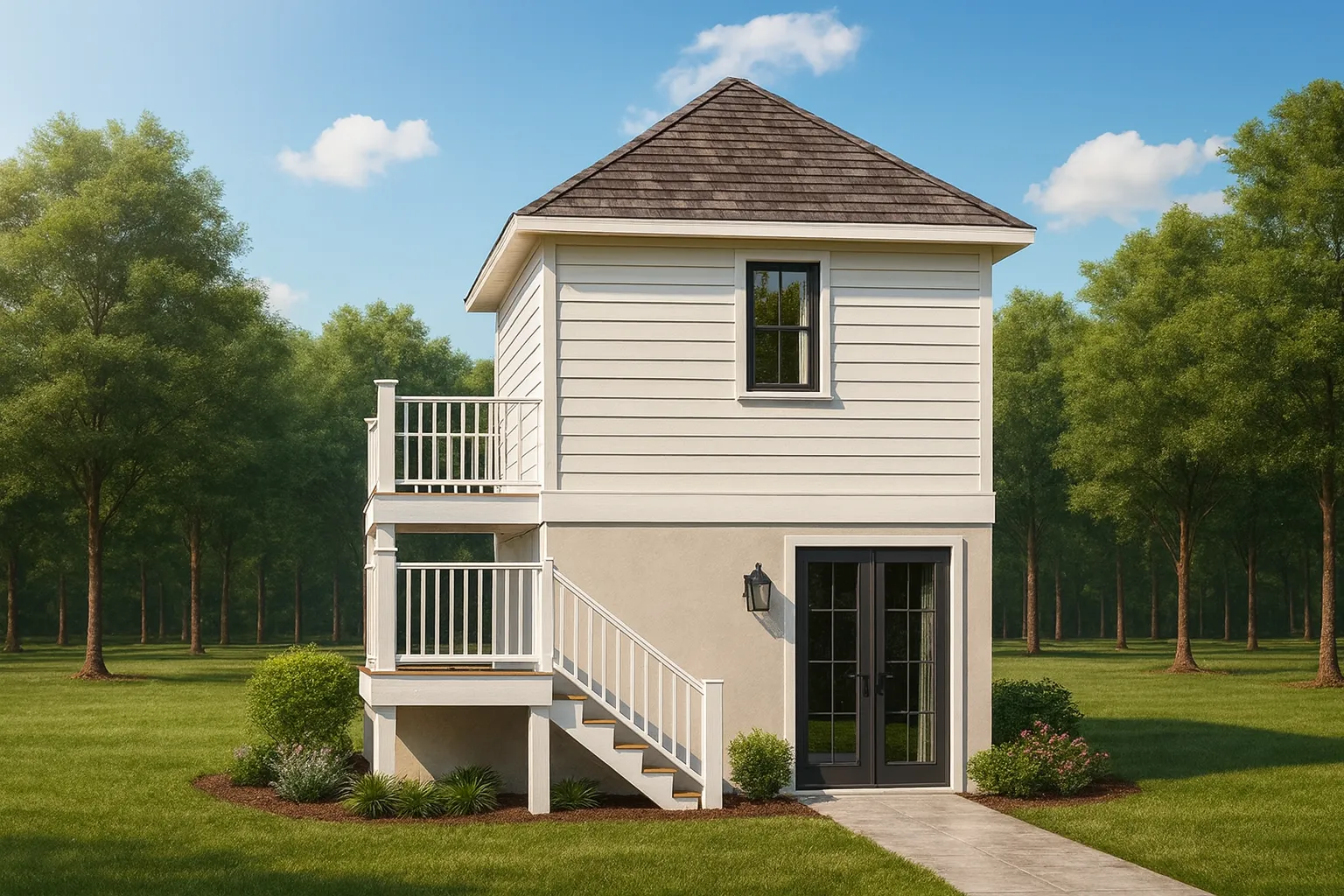 Front view of a two-story Carriage House garage apartment featuring horizontal siding, upper balcony, and compact ADU-style design