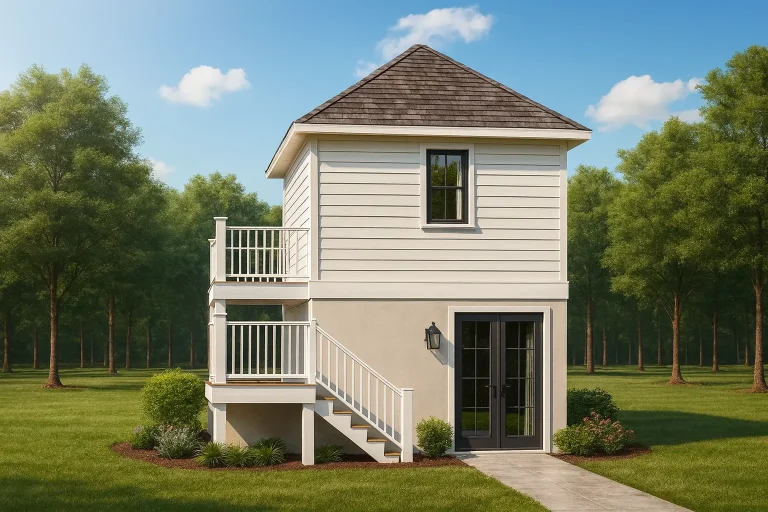 Coastal Cottage style carriage house garage apartment with horizontal lap siding, exterior staircase, upper balcony, and compact two-story design