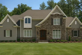 Front view of a French Country style home featuring a stone and stucco exterior, gabled rooflines, and elegant European architectural details