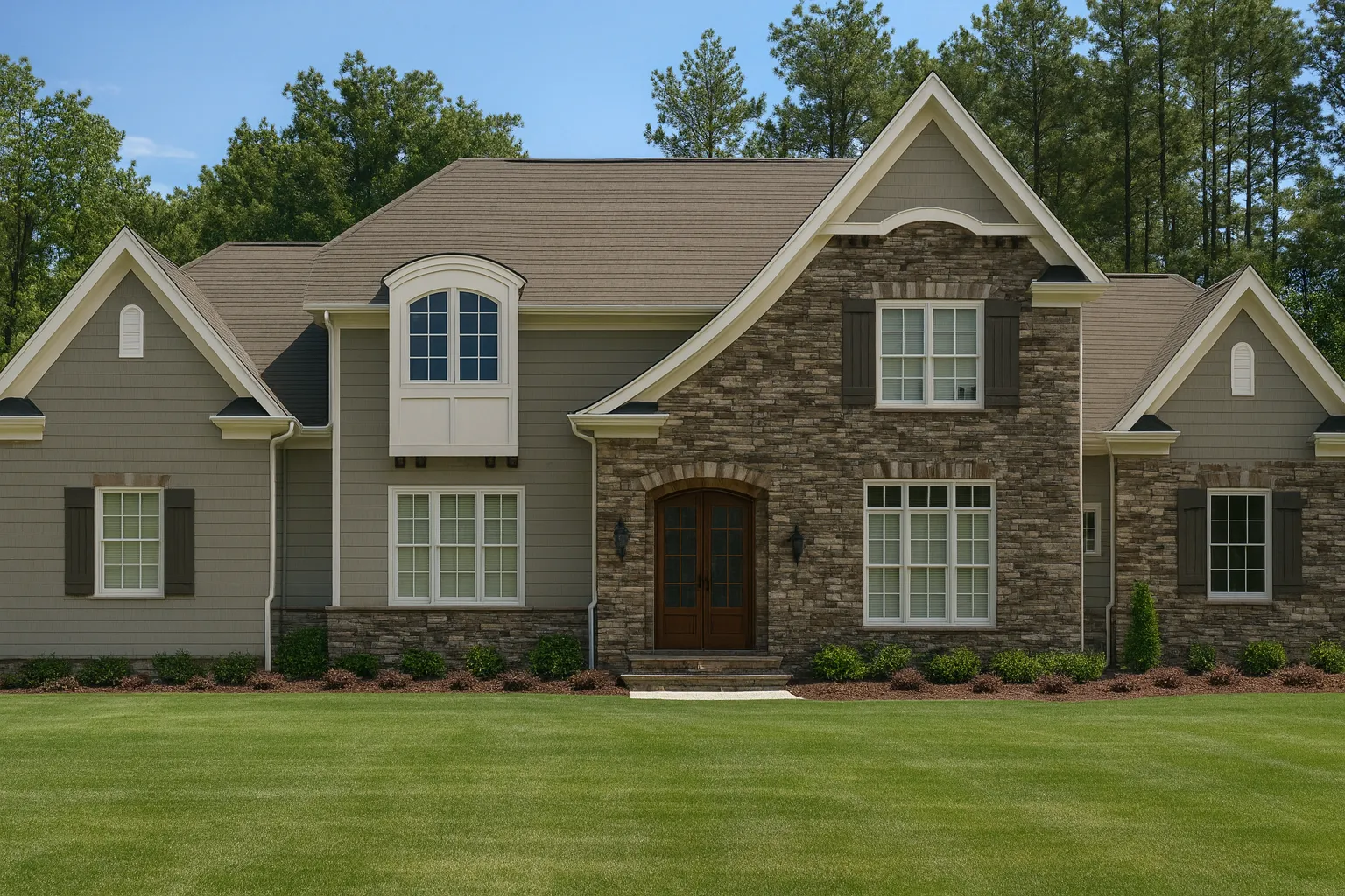 Front view of a French Country style home featuring a stone and stucco exterior, gabled rooflines, and elegant European architectural details
