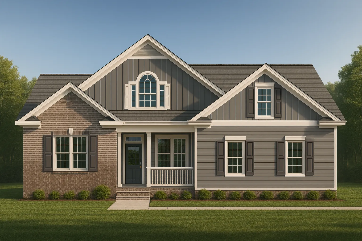 Front elevation of a Traditional Craftsman Suburban style home featuring brick, horizontal siding, board and batten accents, and classic architectural detailing