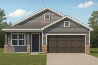 House Plans with Screened-In Porch 11 Front elevation of a Traditional Ranch style home featuring horizontal siding, shake gable detailing, stone accents, and a covered porch entry