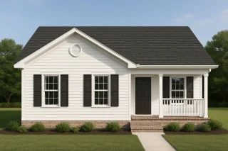 House Plans with Screened-In Porch 9 Front elevation of a Traditional Ranch style home featuring horizontal siding, brick foundation, shuttered windows, and a covered porch