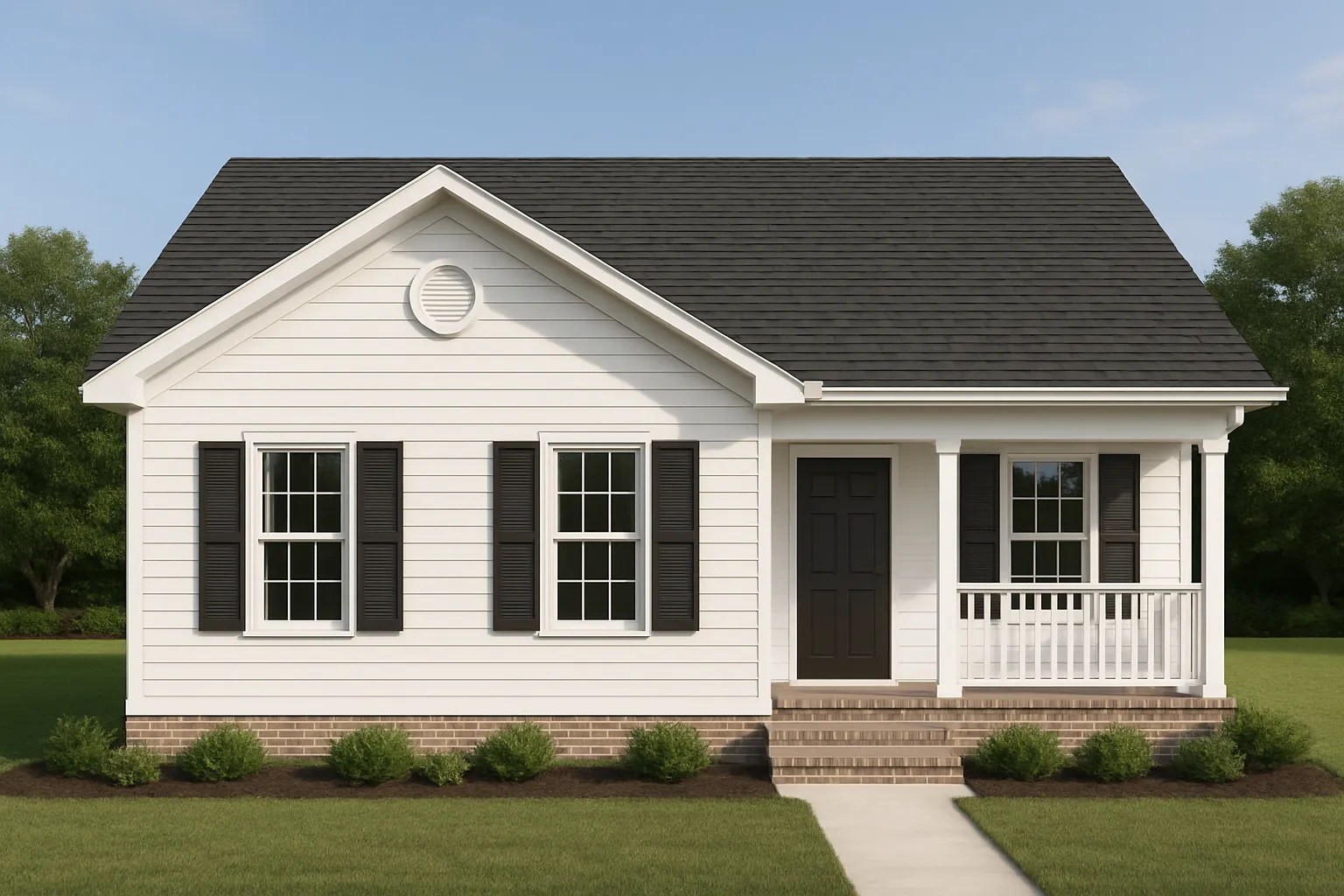Front elevation of a Traditional Ranch style home featuring horizontal siding, brick foundation, shuttered windows, and a covered porch