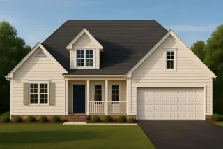 Front elevation of a Traditional Suburban style home featuring horizontal lap siding, brick foundation accents, gable rooflines, and a welcoming covered porch