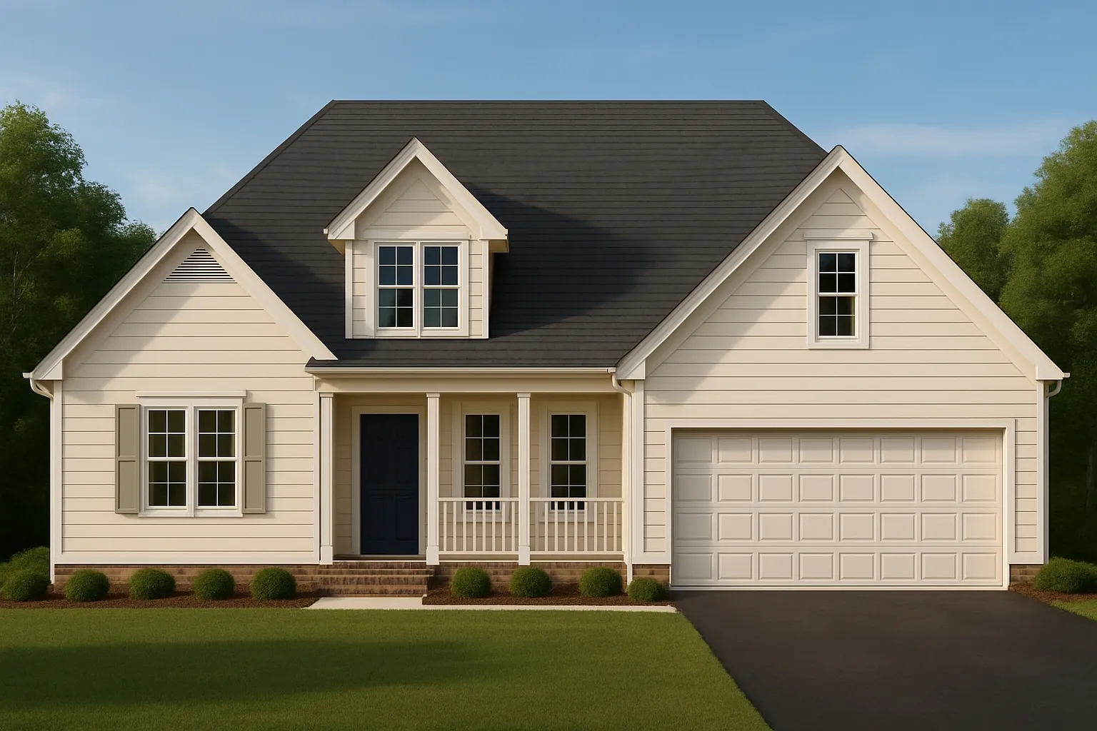 Front elevation of a Traditional Suburban style home featuring horizontal lap siding, brick foundation accents, gable rooflines, and a welcoming covered porch