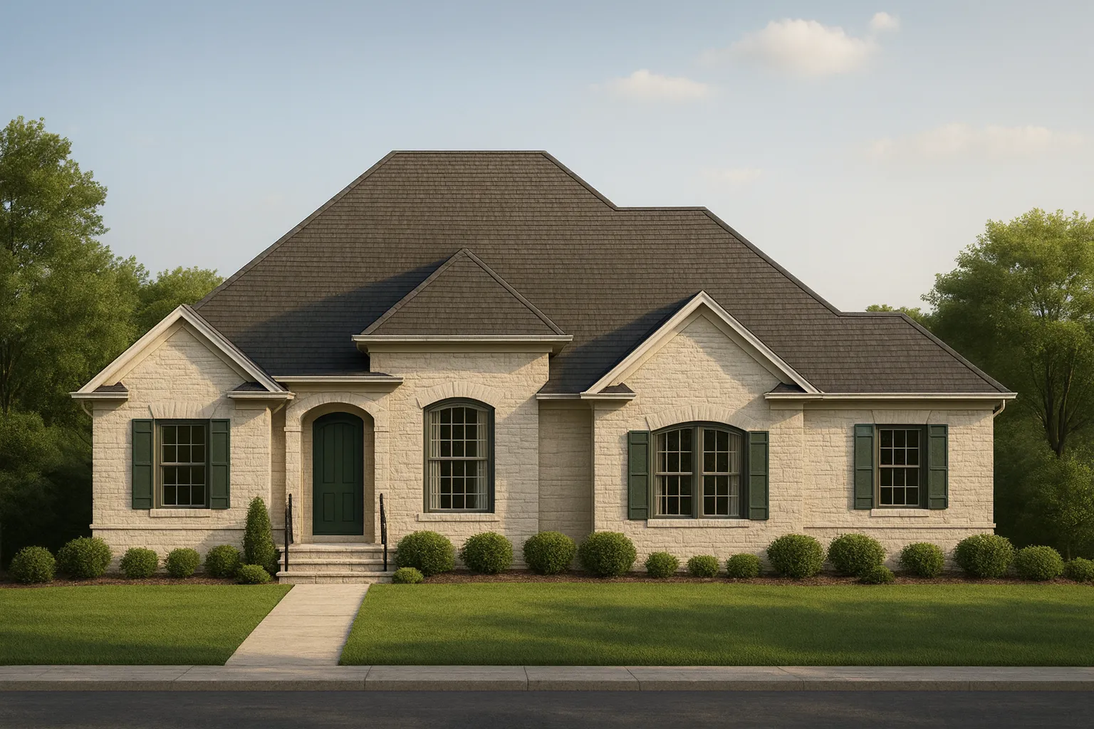 Front elevation of a French Country Traditional Suburban style home featuring light stone exterior, green shutters, and steep hip rooflines