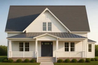 Front view of a Modern Farmhouse style home featuring white horizontal siding, dark roof, covered porch, and symmetrical windows
