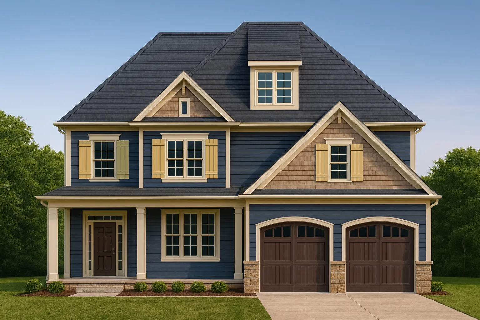 Front elevation of a coastal shingle style house with blue horizontal siding, shingle accents, dormer windows, and an attached two-car garage