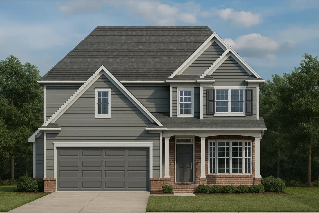 Front view of a Traditional Colonial style home featuring beige horizontal siding, black shutters, brick foundation, and a two-car garage.