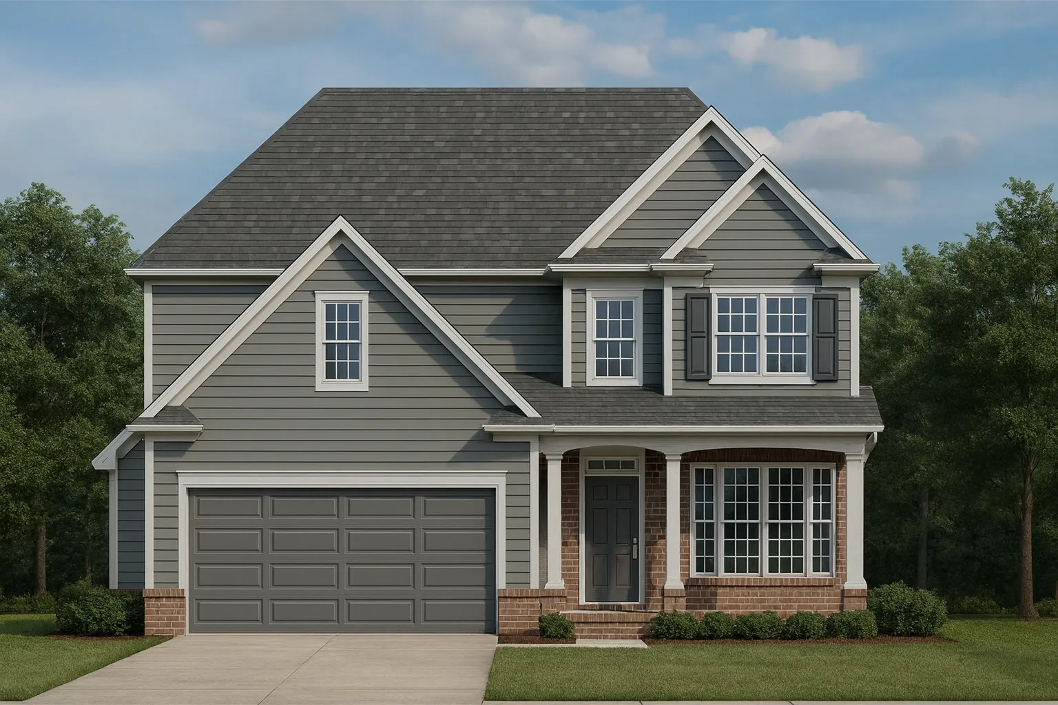 Front view of a Traditional Colonial style home featuring beige horizontal siding, black shutters, brick foundation, and a two-car garage.