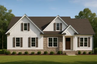 House Plans with Screened-In Porch 11 Front view of Craftsman Traditional style home featuring stone veneer, horizontal siding, and shingle accents in gables with covered porch entry