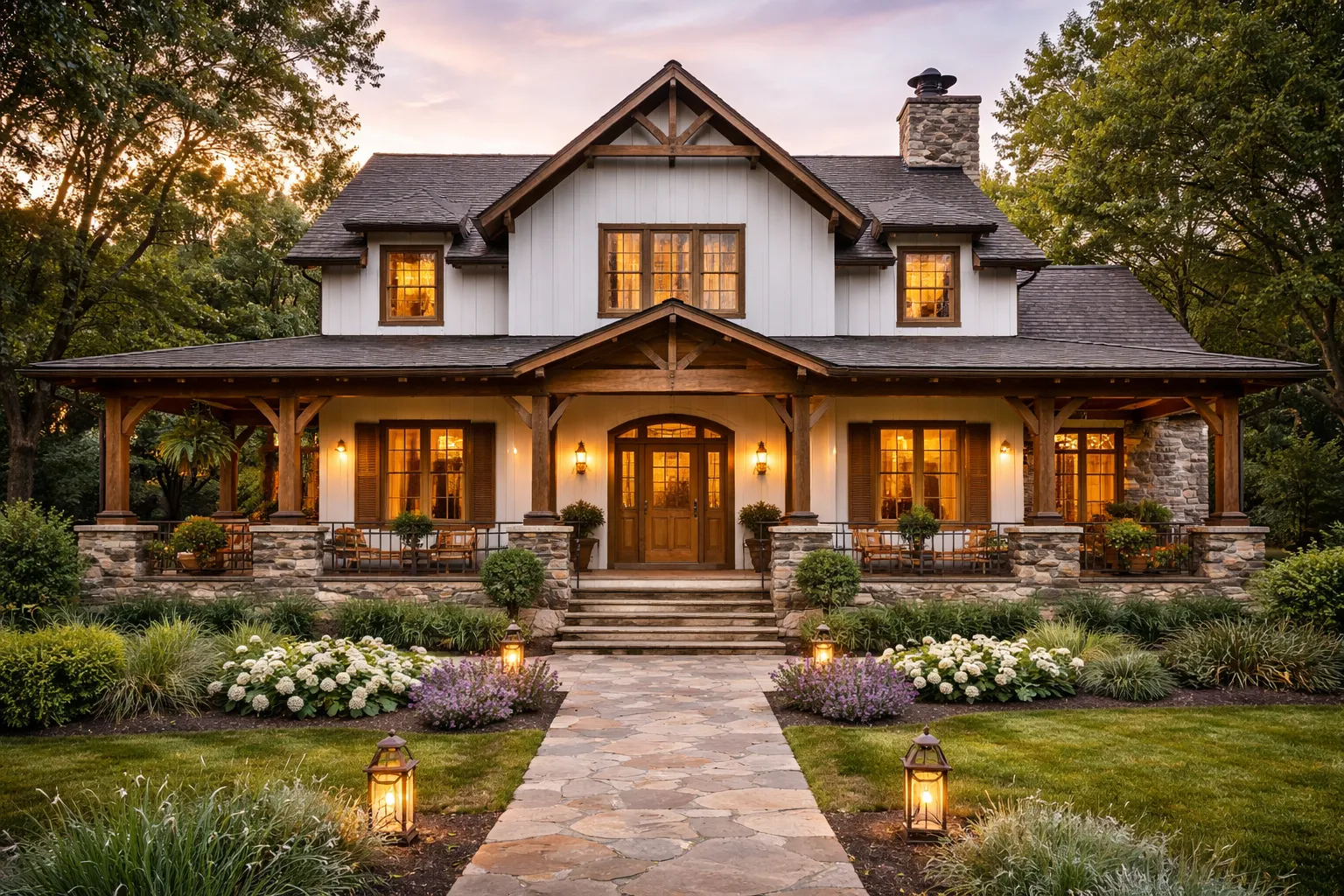 Front view of a Modern Farmhouse with white horizontal siding, black shutters, gabled rooflines, and a full covered front porch inspired by Colonial design.
