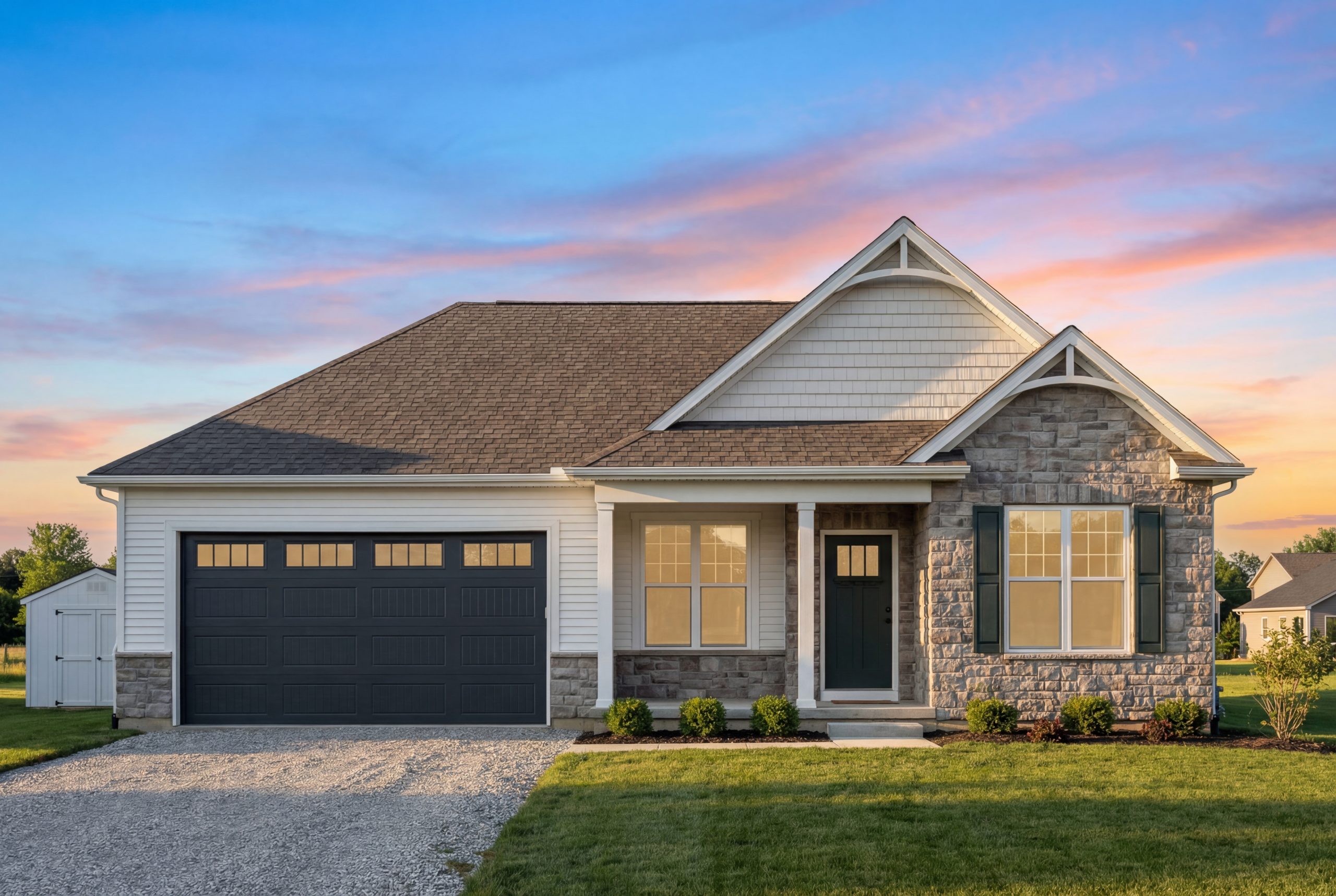 Front elevation of a Traditional Ranch style home featuring stone accents, horizontal lap siding, gabled rooflines, and a welcoming covered porch entry