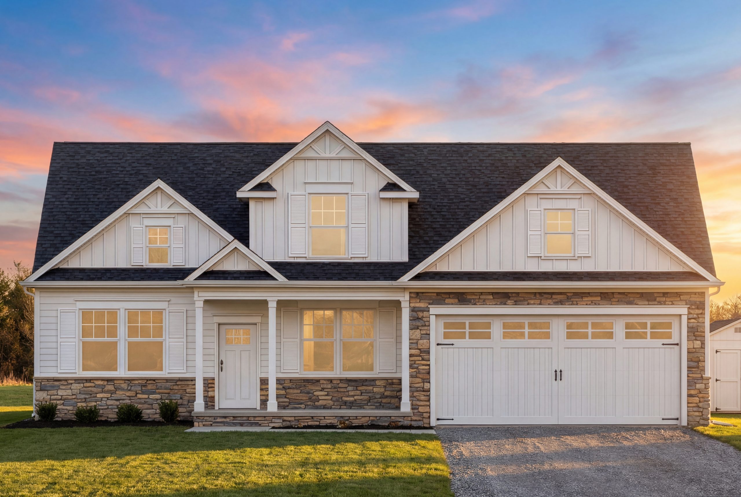 Front elevation of a New American Modern Traditional house with Cape Cod detailing, horizontal siding, shingle accents, and attached two-car garage