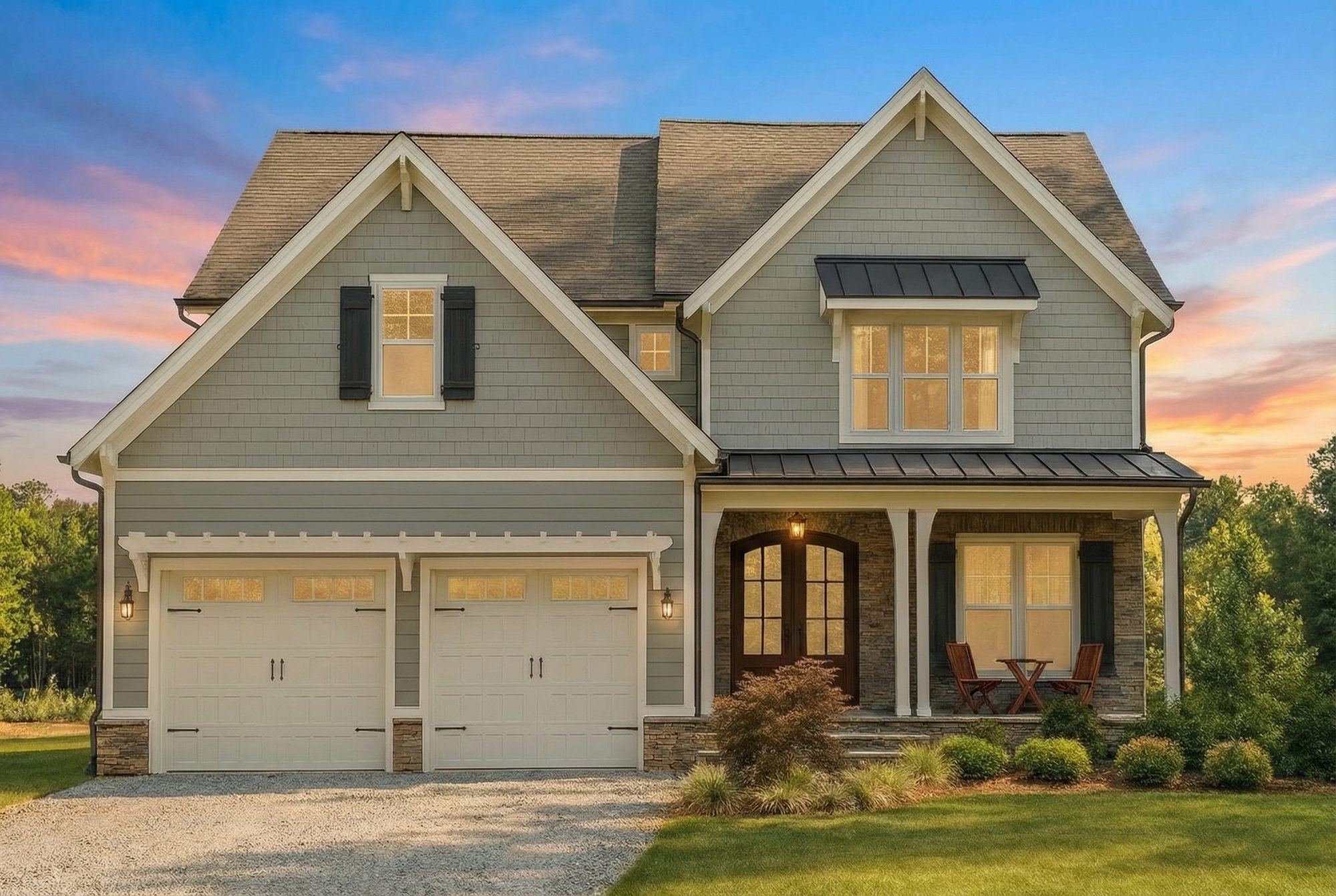 Front view of a Transitional Craftsman style house featuring gray shake siding, stone columns, board and batten trim, and a welcoming covered porch entry