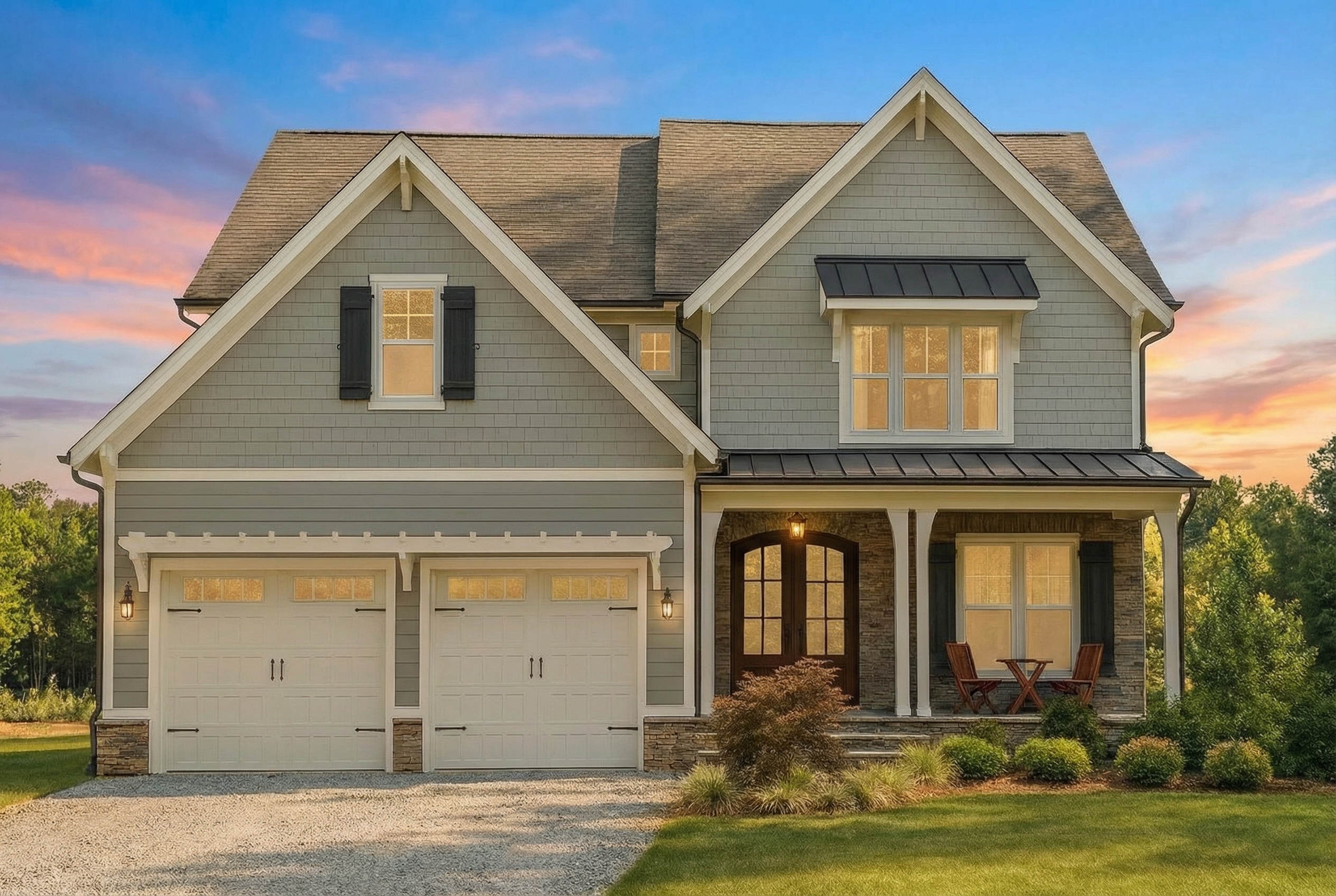 Front view of a Transitional Craftsman style house featuring gray shake siding, stone columns, board and batten trim, and a welcoming covered porch entry