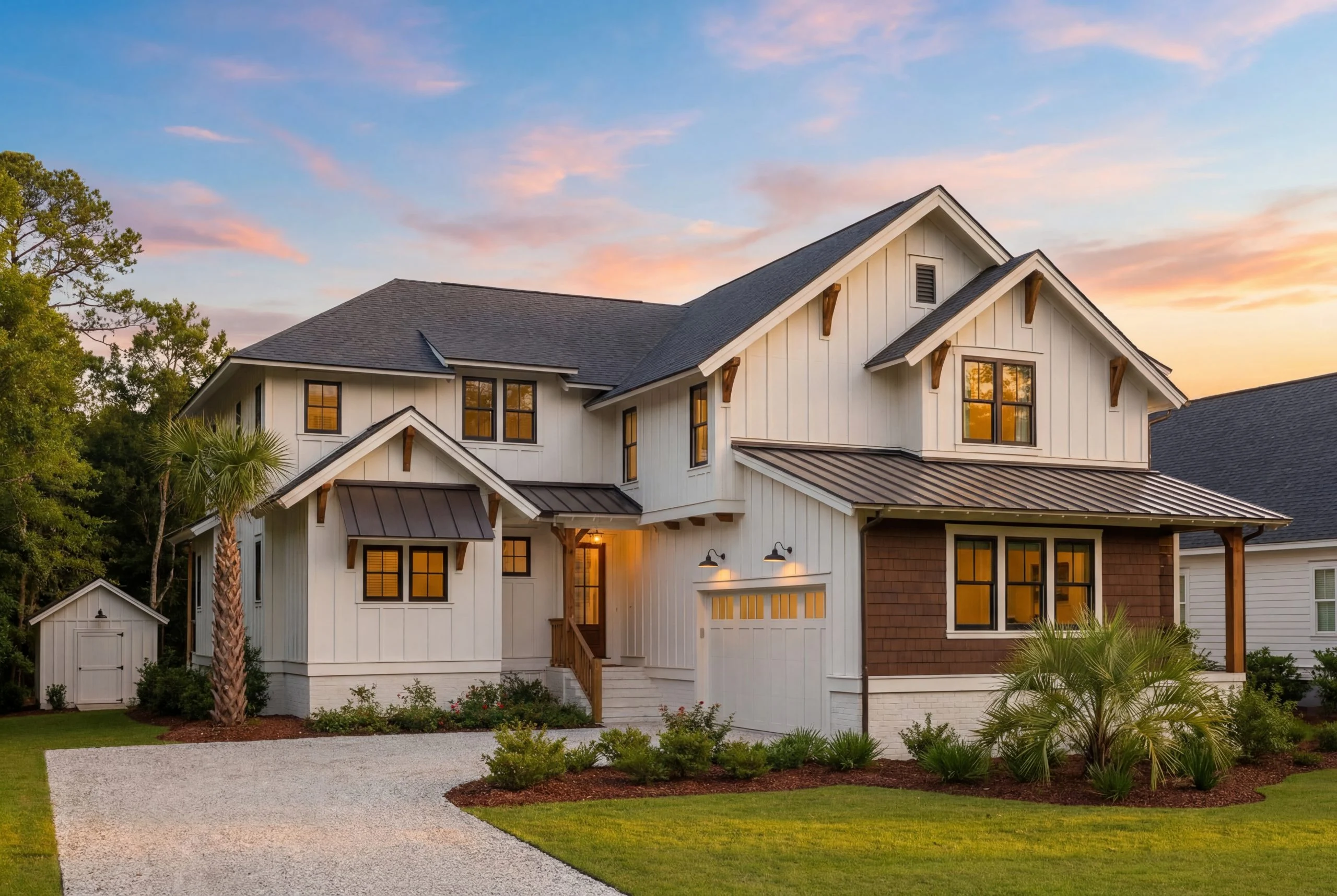 Front exterior of a Modern Farmhouse style home featuring white board and batten siding, metal roof accents, Craftsman details, and a covered porch