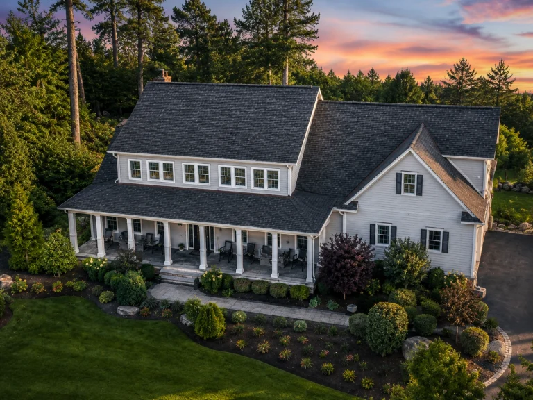 House Plans 1 Modern farmhouse home plan 11-1583 with 4 bedrooms, 3.5 baths, 3,757 SF, covered front porch, white siding, and landscaped exterior