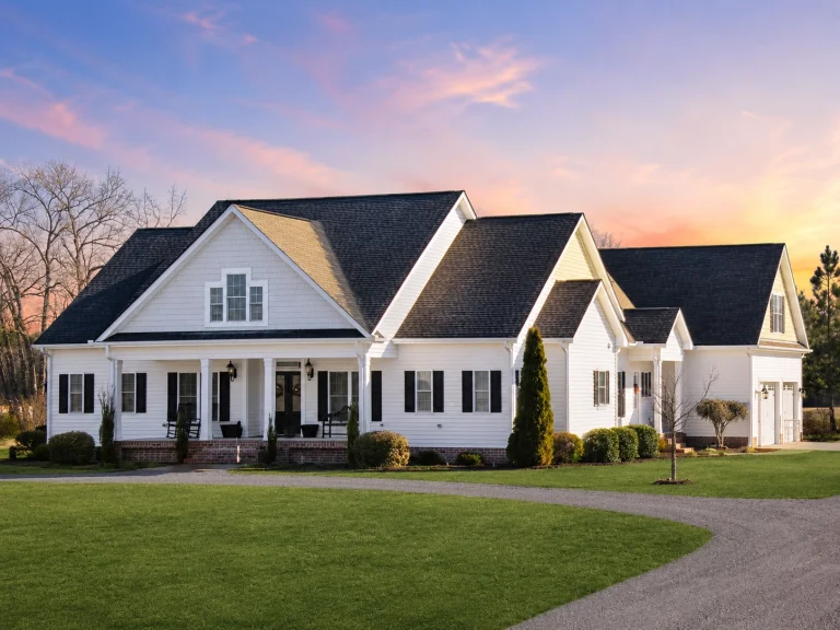 Modern ranch home plan 11-1763 with 4 bedrooms, 3.5 bathrooms, 2,874 square feet, front porch, white siding, and attached garage