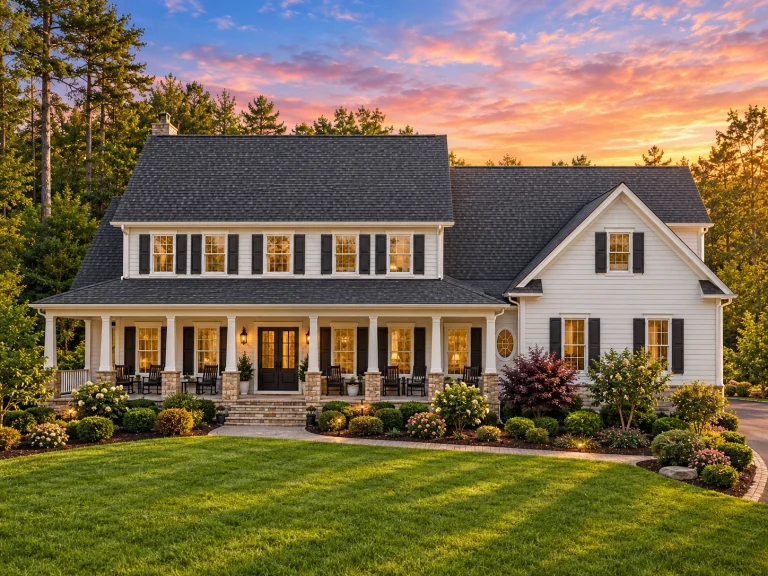 Modern farmhouse home plan 11-1583 with 4 bedrooms, 3.5 baths, 3,757 SF, covered front porch, white siding, and landscaped exterior