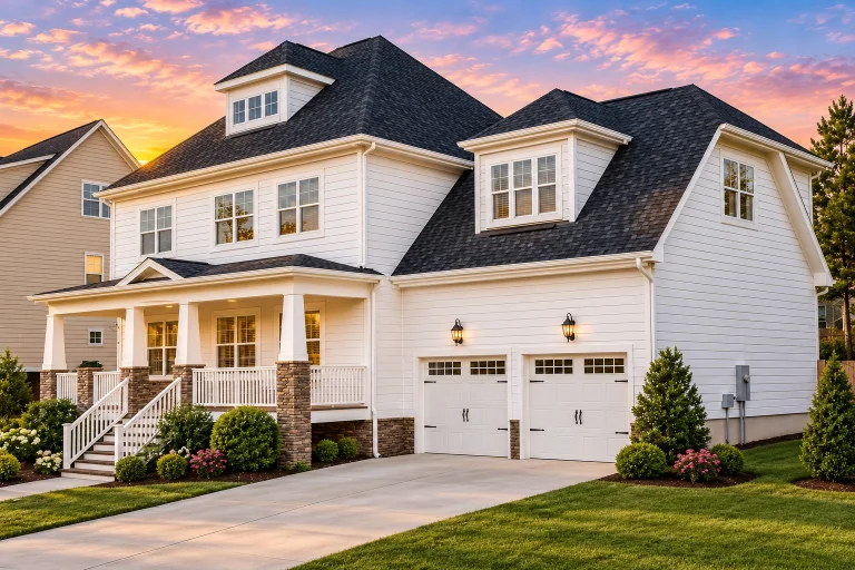 Craftsman home plan 11-1643 with 4 bedrooms, 4 baths, 3,499 SF, covered front porch, white siding, and side-entry garage
