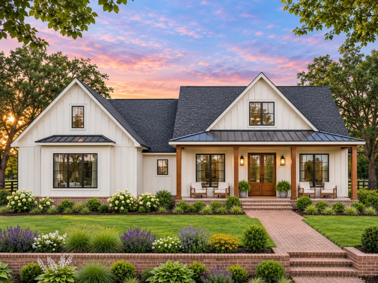 23-1218 HOUSE PLAN – Modern Farmhouse Home Plan – 3-Bed, 2.5-Bath, 2,188 SF - Warm Natural, AI-generated exterior concept