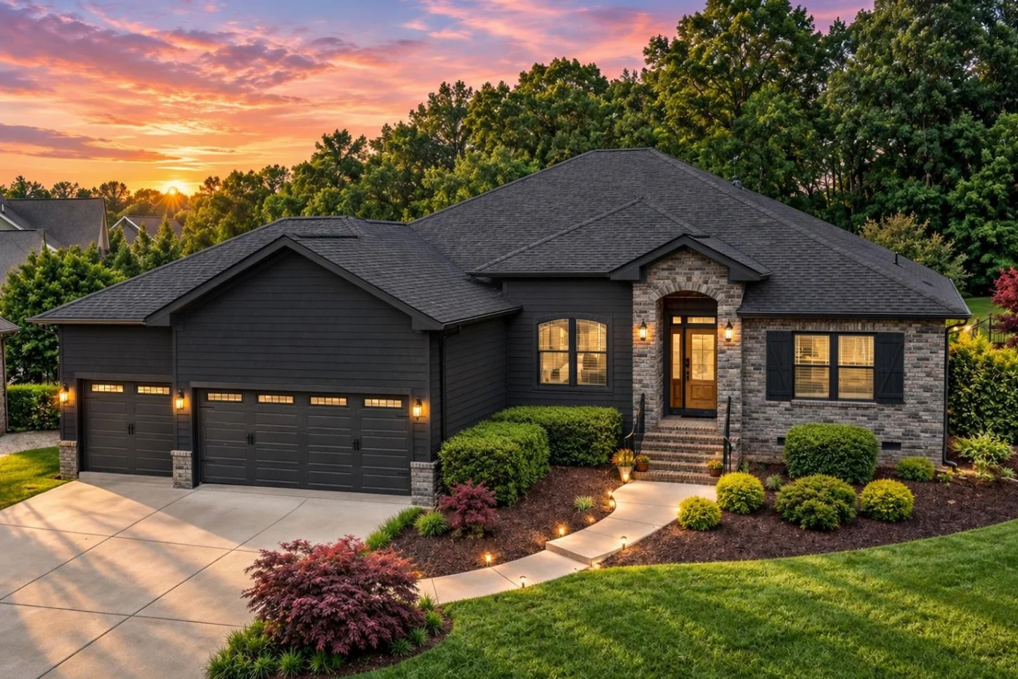12-2021 HOUSE PLAN – Traditional Ranch Home Plan – 4-Bed, 3.5-Bath, 2,638 SF - Modern Dark, AI-generated exterior concept