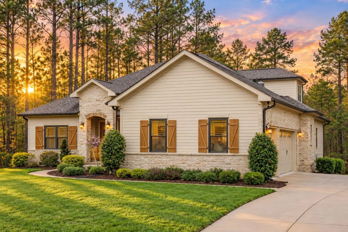 12-2643 HOUSE PLAN – Traditional Ranch Home Plan – 4-Bed, 3.5-Bath, 3,225 SF - Warm Natural, AI-generated exterior concept