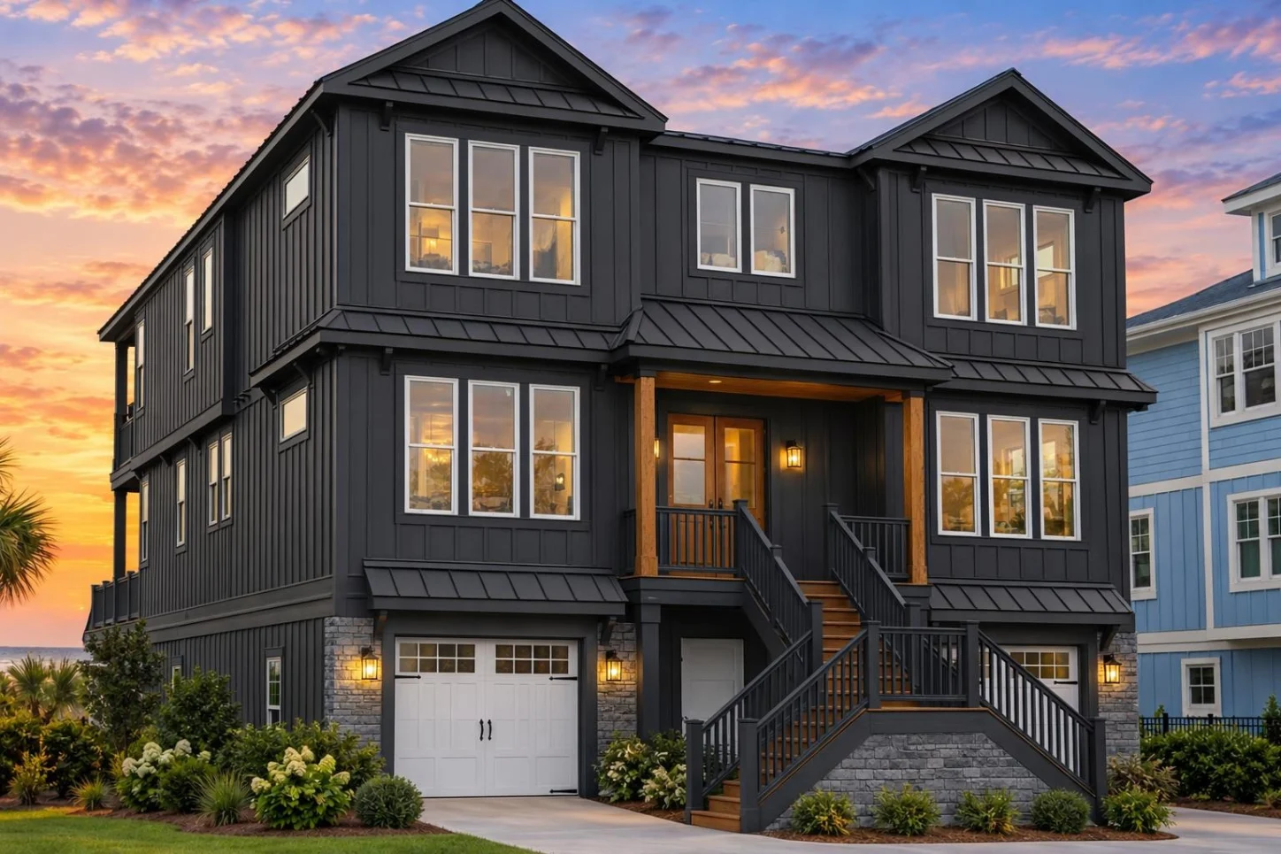 24-1472 HOUSE PLAN – Coastal Farmhouse Home Plan – 6-Bed, 5-Bath, 3,882 SF - Modern Dark, AI-generated exterior concept