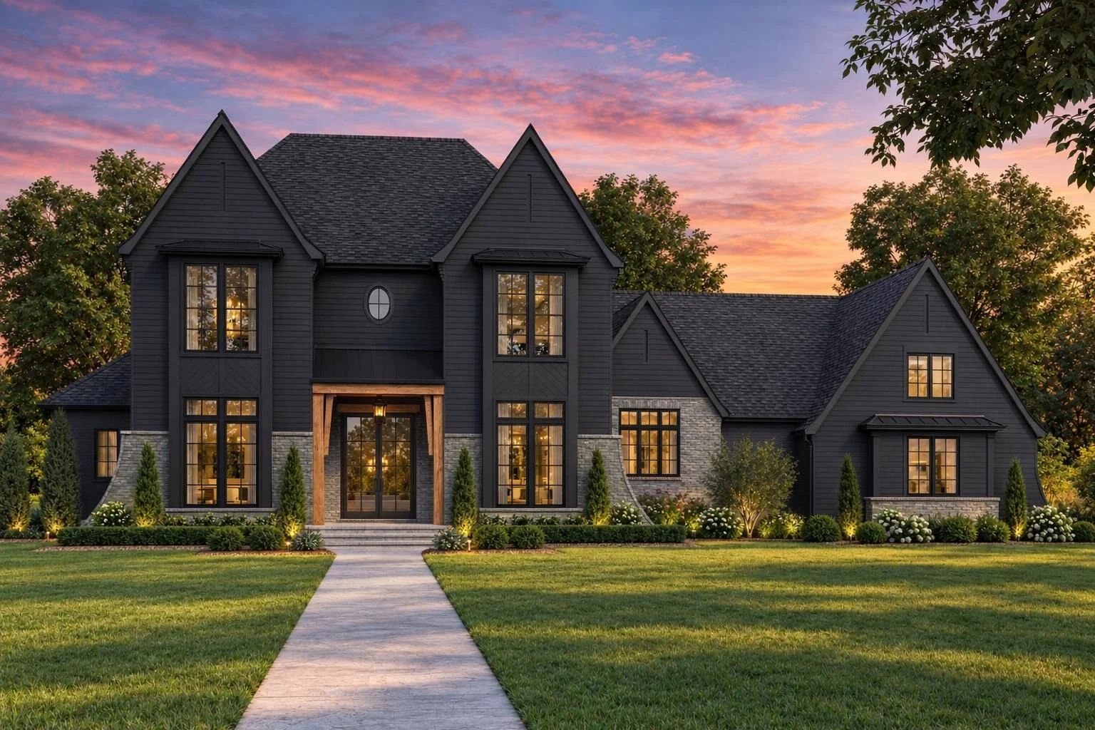 24-1528 HOUSE PLAN – Modern Tudor Home Plan – 3-Bed, 4.5-Bath, 4,741 SF - Modern Dark, AI-generated exterior concept