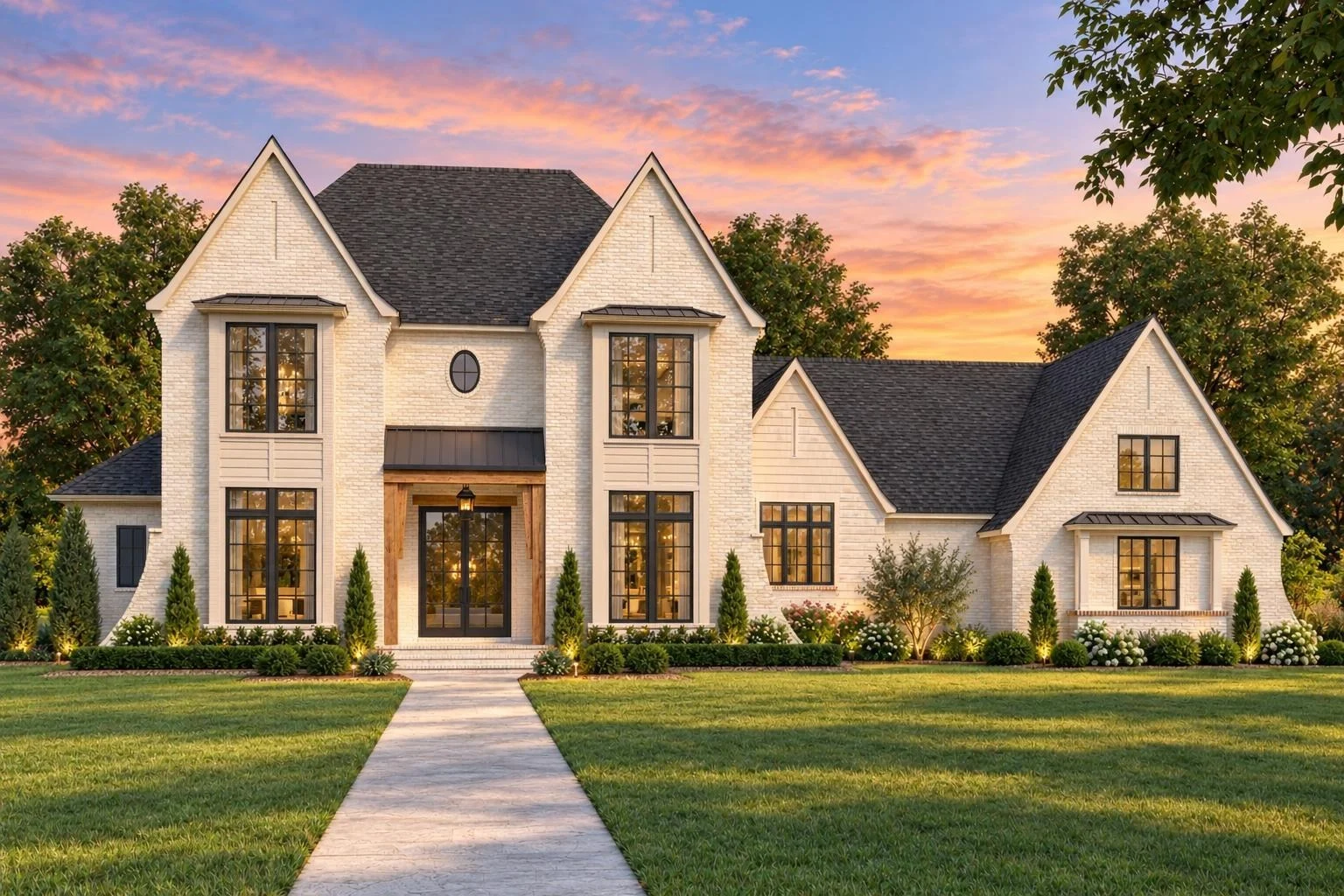 24-1528 HOUSE PLAN – Modern Tudor Home Plan – 3-Bed, 4.5-Bath, 4,741 SF - Warm Natural, AI-generated exterior concept