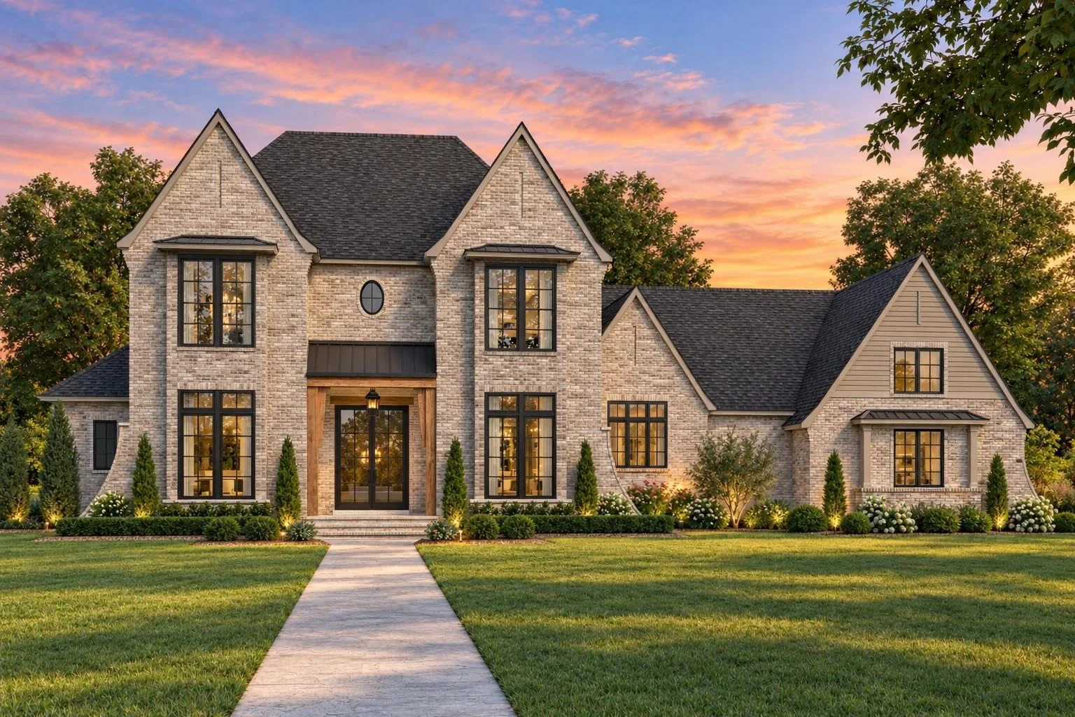 24-1528 HOUSE PLAN – Modern Tudor Home Plan – 3-Bed, 4.5-Bath, 4,741 SF - Modern Brick, AI-generated exterior concept