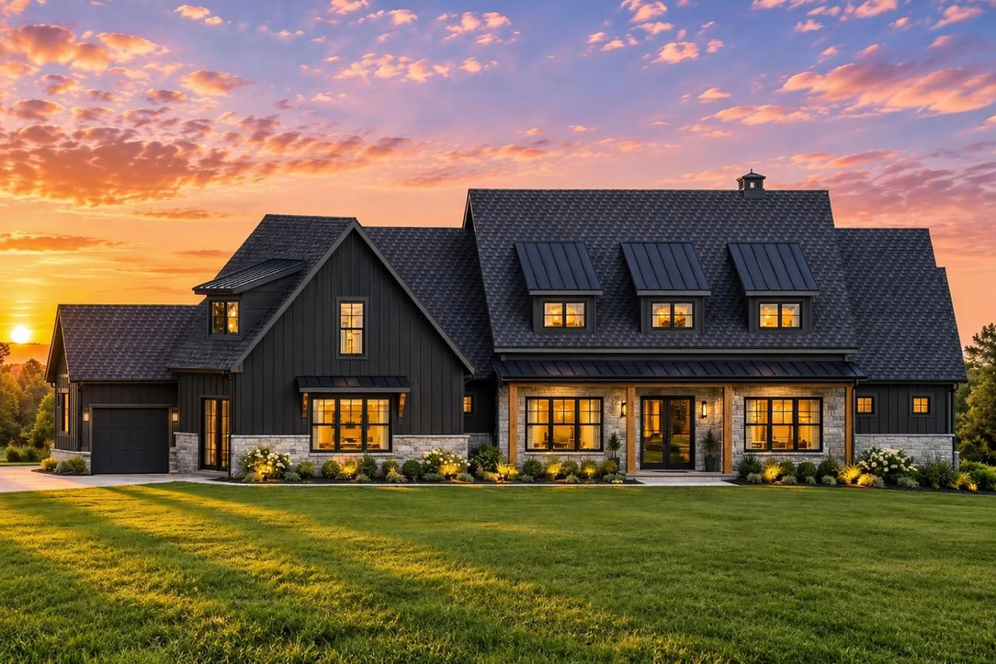 24-1029 HOUSE PLAN – Modern Farmhouse Home Plan – 4-Bed, 4.5-Bath, 4,337 SF - Modern Dark, AI-generated exterior concept