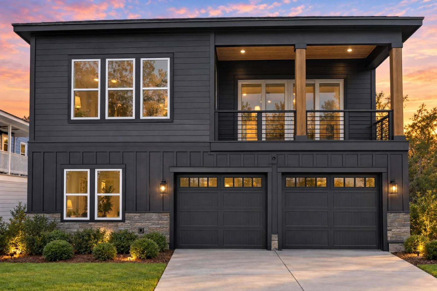 24-1073 HOUSE PLAN – Coastal Contemporary Home Plan – 5-Bed, 3-Bath, 3,186 SF - Modern Dark, AI-generated exterior concept