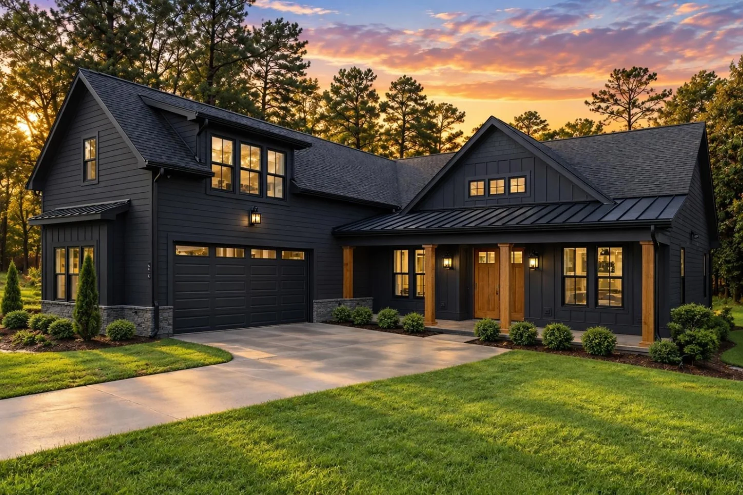 23-1665 HOUSE PLAN – Modern Farmhouse Home Plan – 2-Bed, 3-Bath, 2,698 SF - Modern Dark, AI-generated exterior concept
