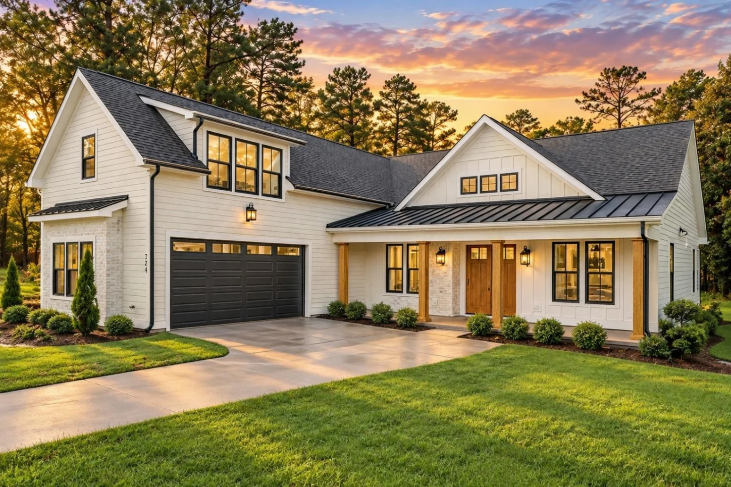 23-1665 HOUSE PLAN – Modern Farmhouse Home Plan – 2-Bed, 3-Bath, 2,698 SF - Warm Natural, AI-generated exterior concept