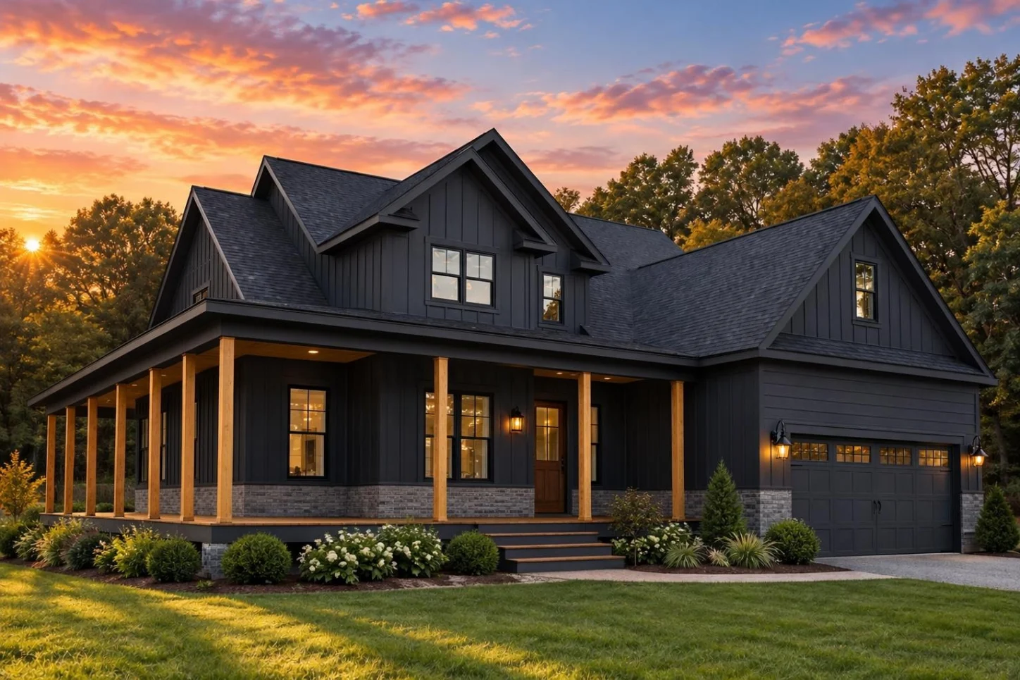 23-2029 HOUSE PLAN – Modern Farmhouse Home Plan – 4-Bed, 3.5-Bath, 2,535 SF - Modern Dark, AI-generated exterior concept