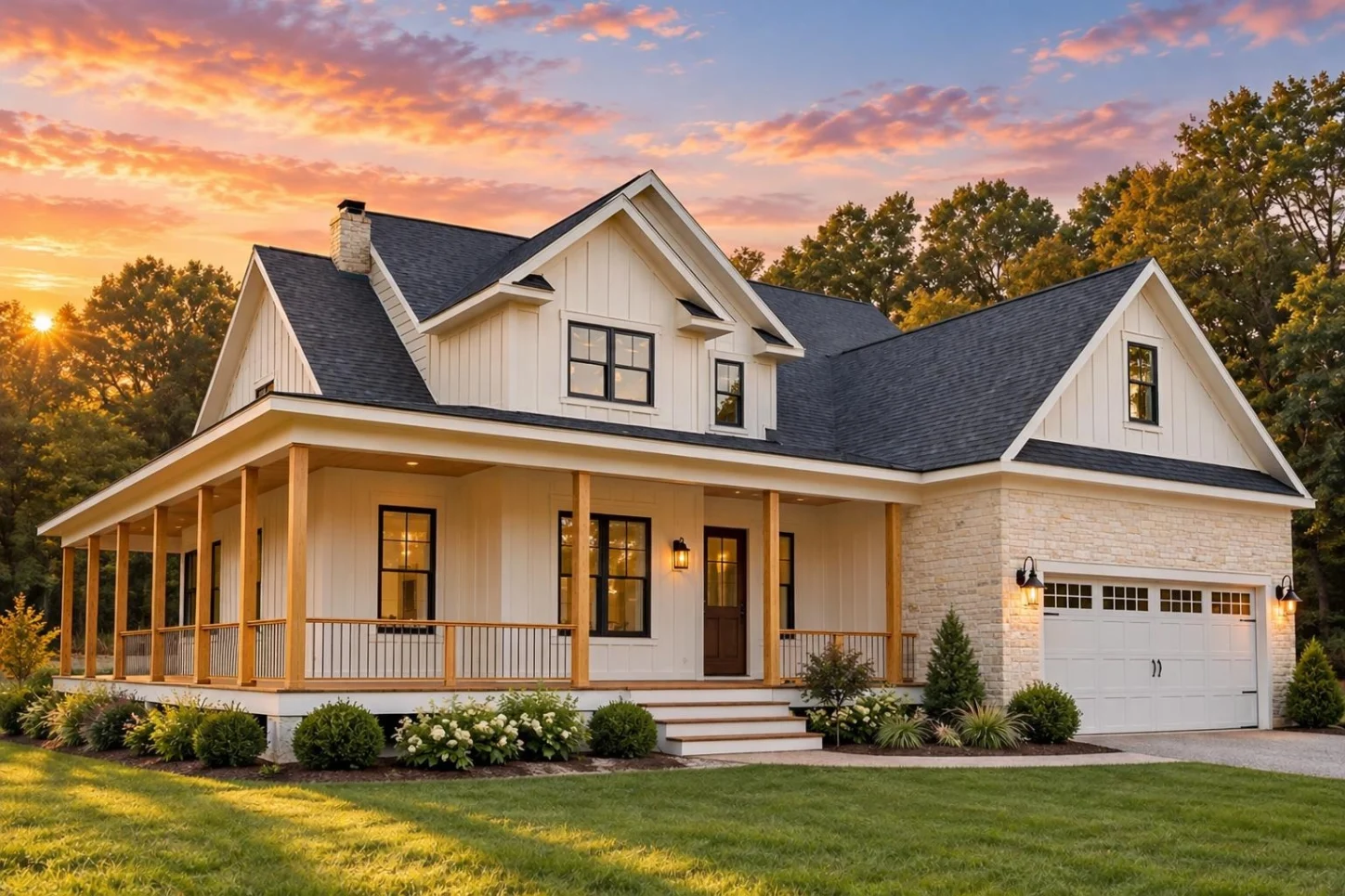 23-2029 HOUSE PLAN – Modern Farmhouse Home Plan – 4-Bed, 3.5-Bath, 2,535 SF - Warm Natural, AI-generated exterior concept