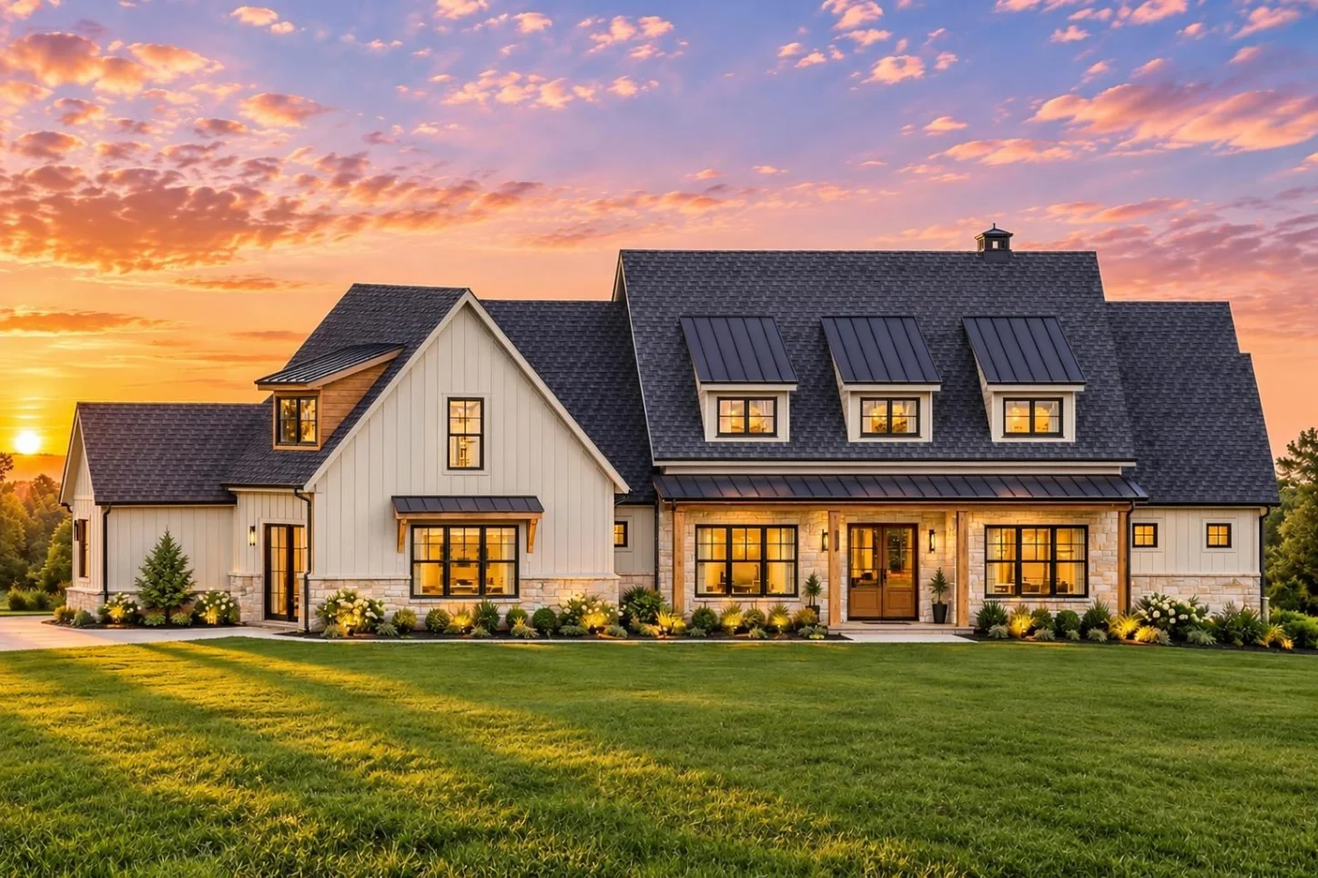 24-1029 HOUSE PLAN – Modern Farmhouse Home Plan – 4-Bed, 4.5-Bath, 4,337 SF - Warm Natural, AI-generated exterior concept