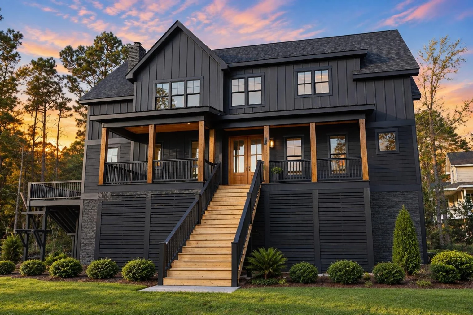 23-1475 HOUSE PLAN – Coastal Farmhouse Home Plan – 4-Bed, 3.5-Bath, 3,302 SF - Modern Dark, AI-generated exterior concept