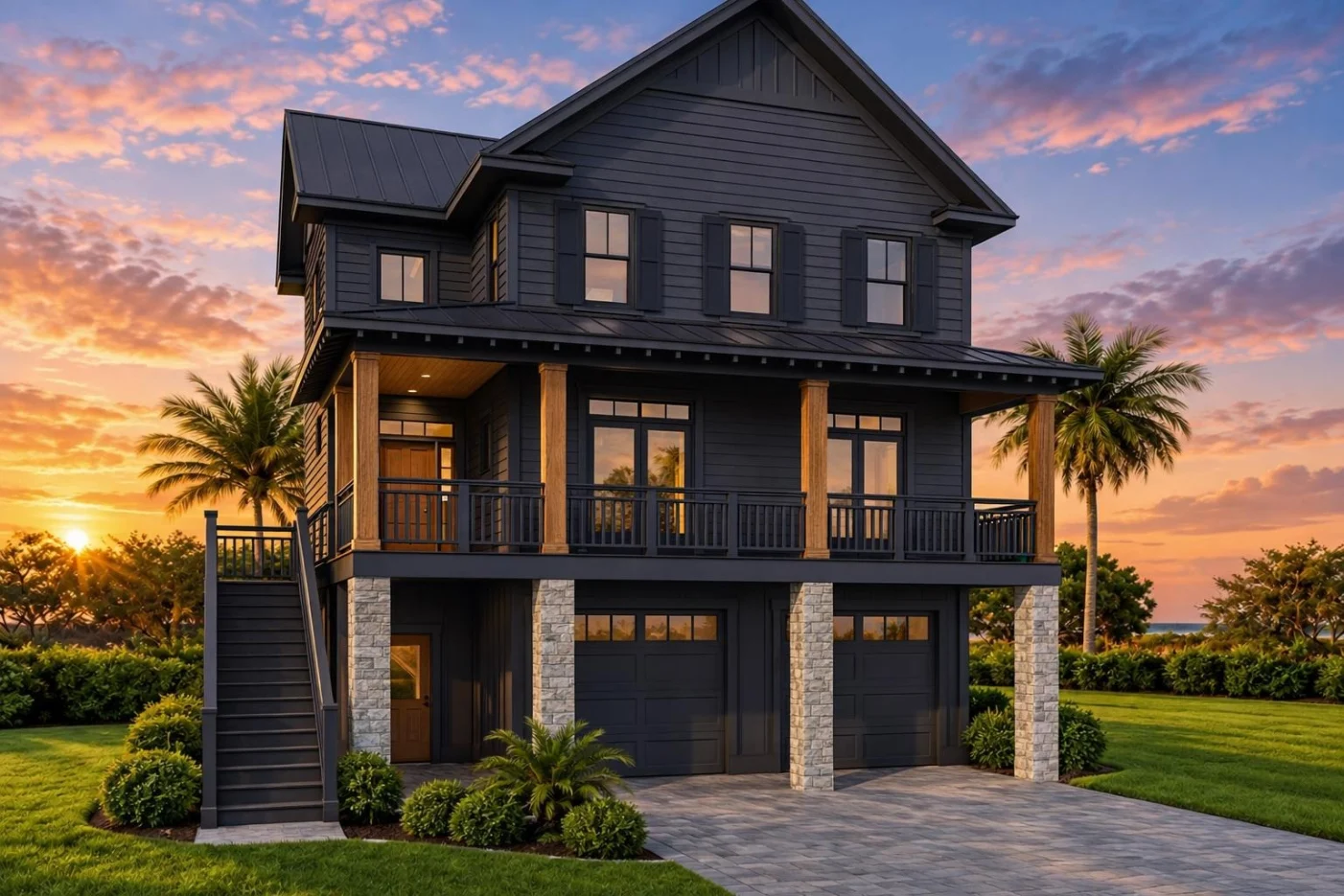 16-1622 HOUSE PLAN – Coastal Home Plan – 4-Bed, 3-Bath, 2,473 SF - Modern Dark, AI-generated exterior concept